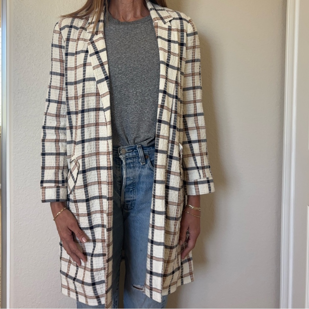 The Great Cream Plaid Trench Coat blazer with Brown & Navy Checks